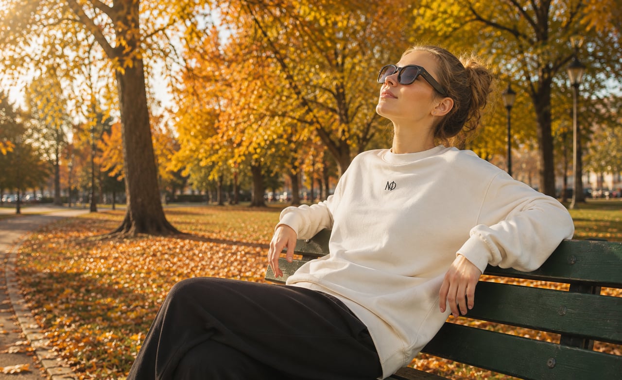 Person im cremefarbenen Neurosophy-Sweatshirt mit kleinem gesticktem NΦ-Zeichen auf der Brust, auf einer Parkbank im herbstlichen Laub (mit KI erstellte Aufnahme)